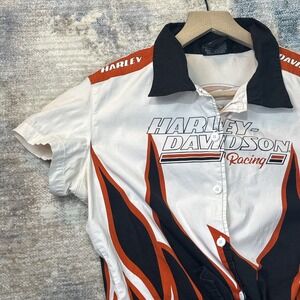 Harley Davidson Racing Flame‎ Button Up – Women's L Workwear Rockabilly